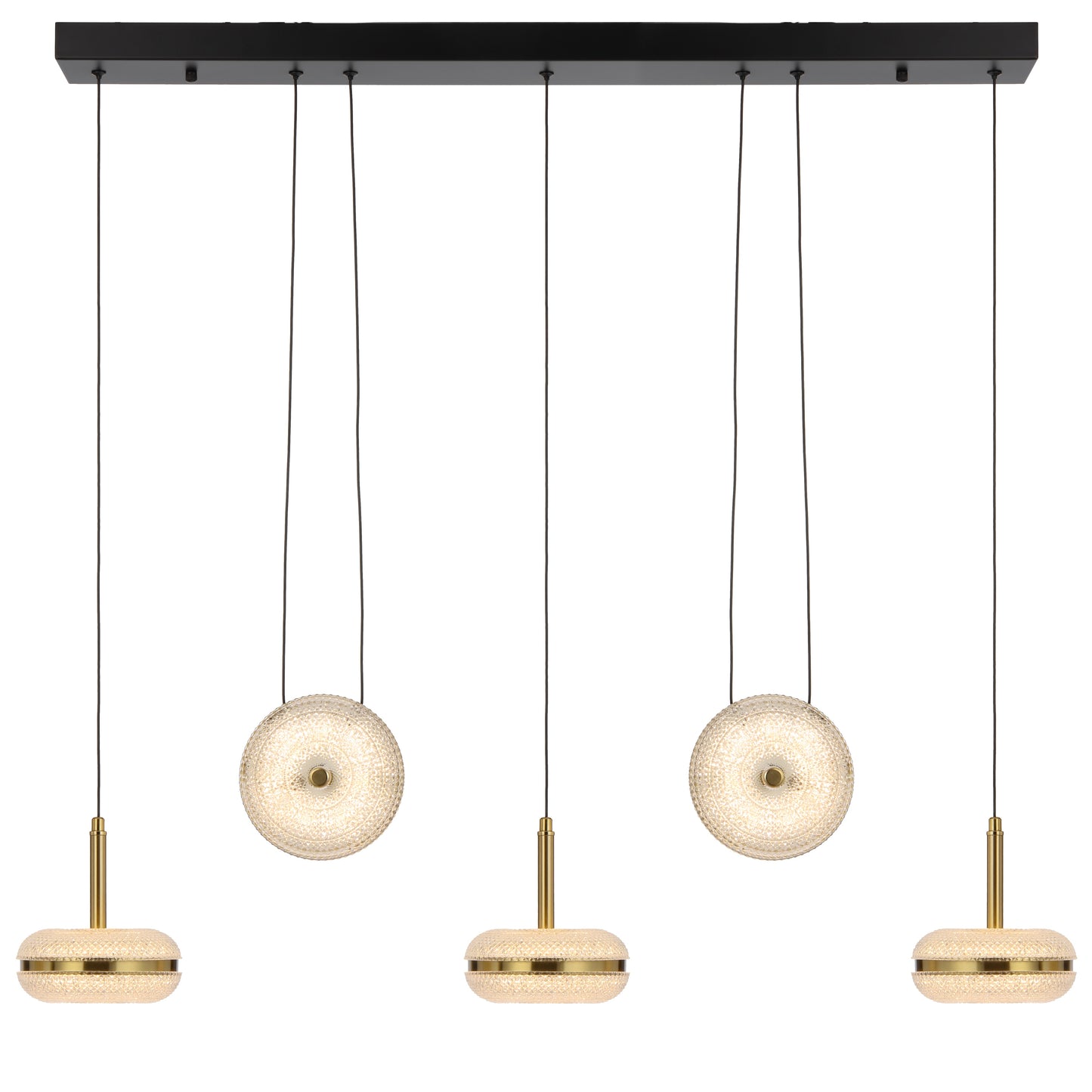 TFS 5LT BAR PENDANT 5x10wLED L980 W150 H70 3000k non-DIM CAB2M D150*70 ANT GOLD/CLEAR