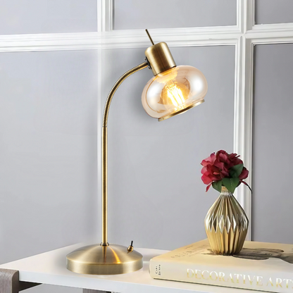 TFS TABLE LAMP 25wE27max L:270 W:160 H:470 TOGGLE SWT ANTIQUE BRASS / AMBER GLASS