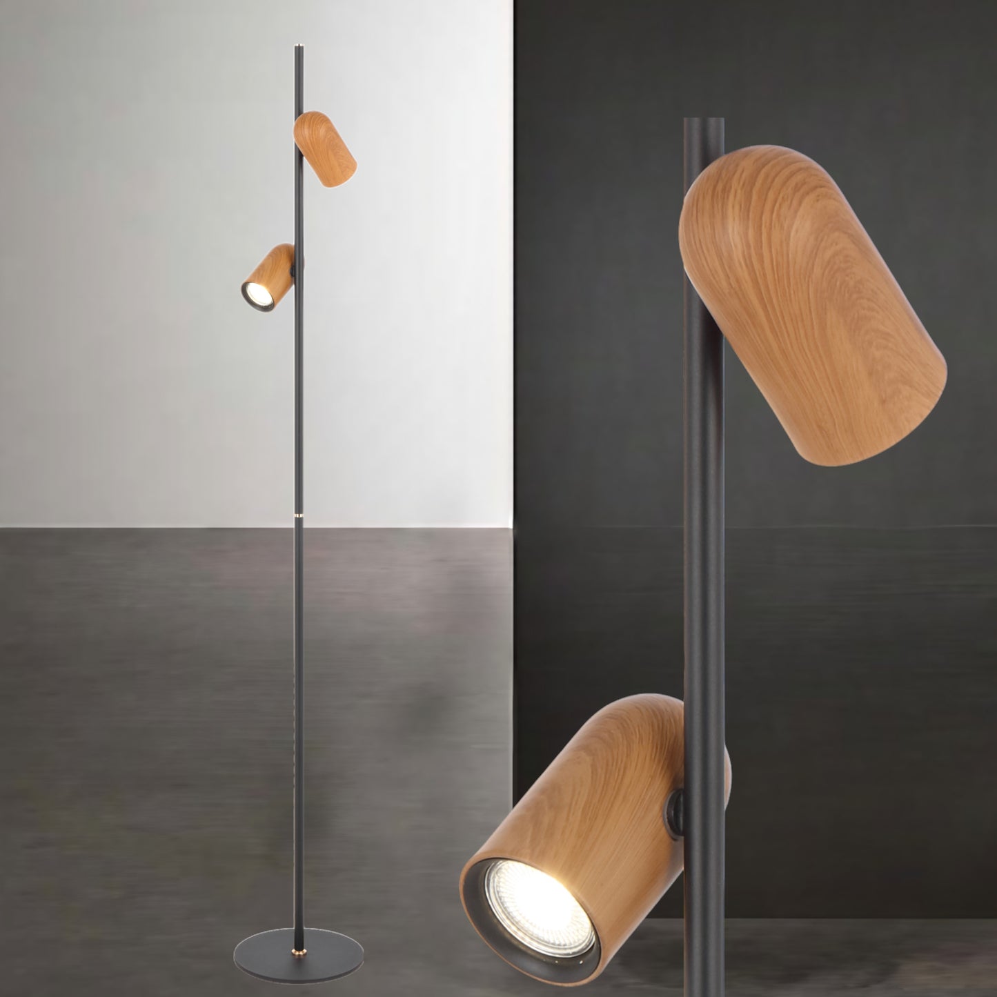 TFS FLOOR LAMP 2x6wGU10 D:220 H:1500 FOOT SWT BLACK / WOOD PAINTED