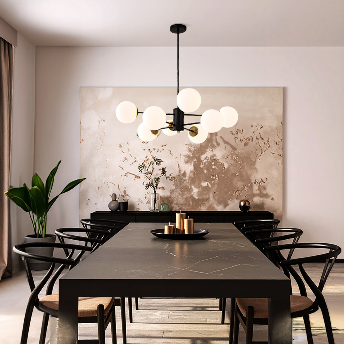 TFS 8LT PENDANT 8x25wE27 D:850 H:185 BLACK&OPAL GLASS ROD:2*600+1*300