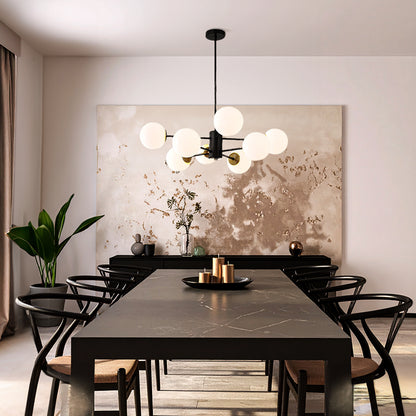 TFS 8LT PENDANT 8x25wE27 D:850 H:185 BLACK&OPAL GLASS ROD:2*600+1*300