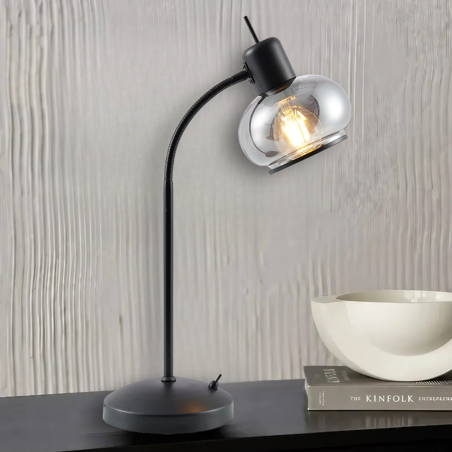 TFS TABLE LAMP 25wE27max L:270 W:160 H:470 TOGGLE SWT BLACK MATT/ SMOKE GLASS
