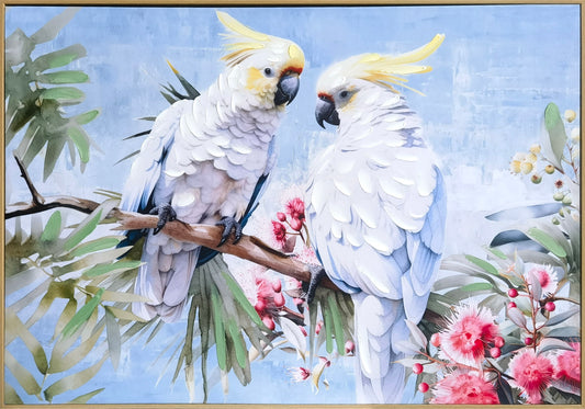 White Cockatoos Hand Painting Picture w. Natural wood colour PS Frame