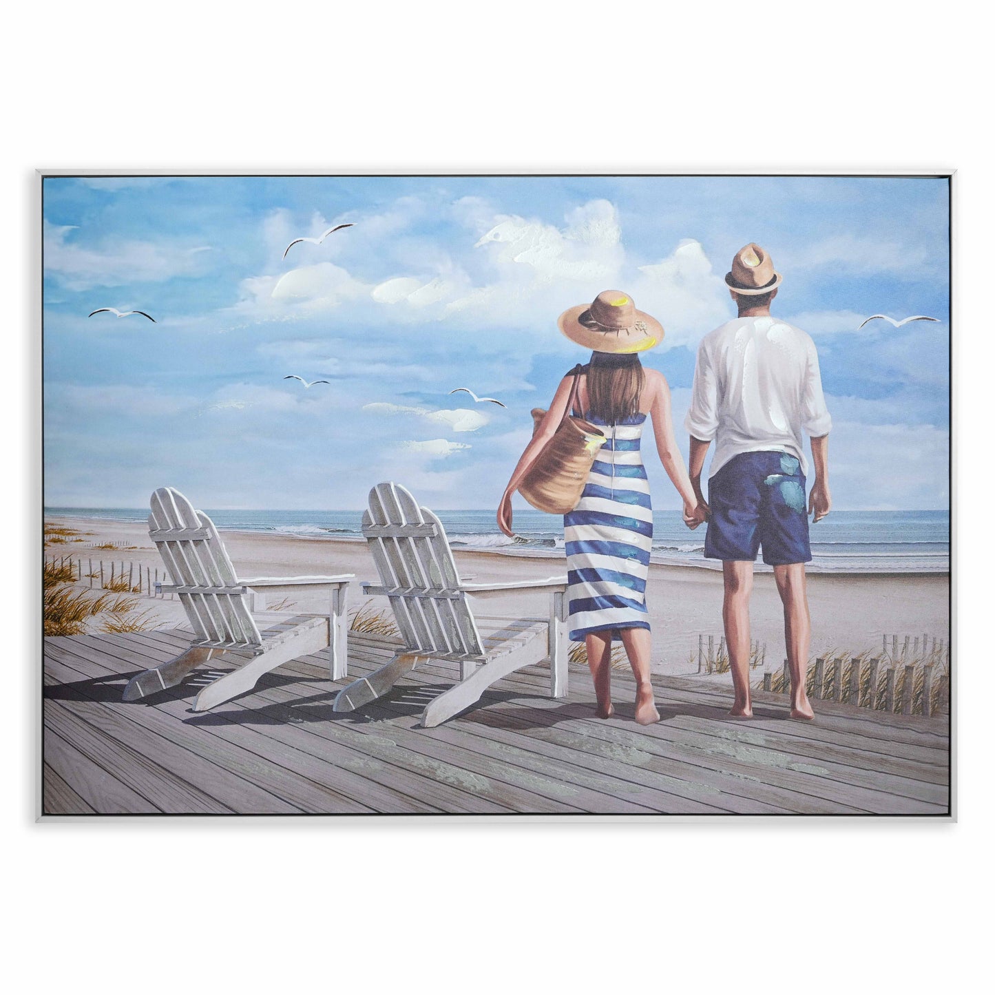 Beach view Hand Painting Picture w. White PS Frame