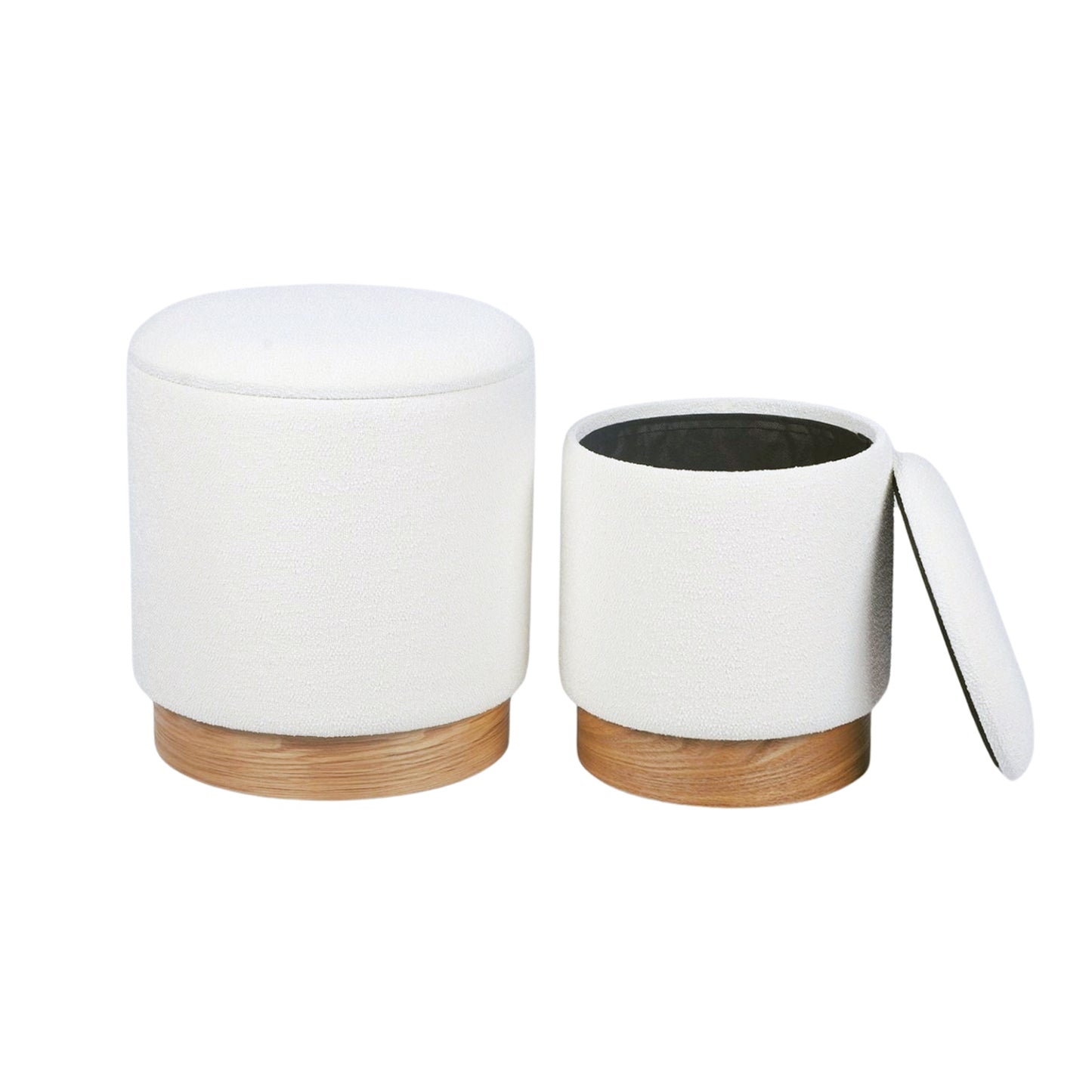 White Boucle Wood Base Storage Ottoman