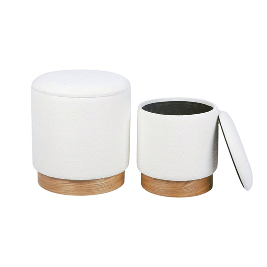 White Boucle Wood Base Storage Ottoman