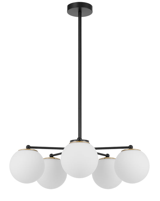 TFS 5LT PENDANT 5x25wE27 D:600 H:185 BLACK&OPAL GLASS ROD:2*600+1*300