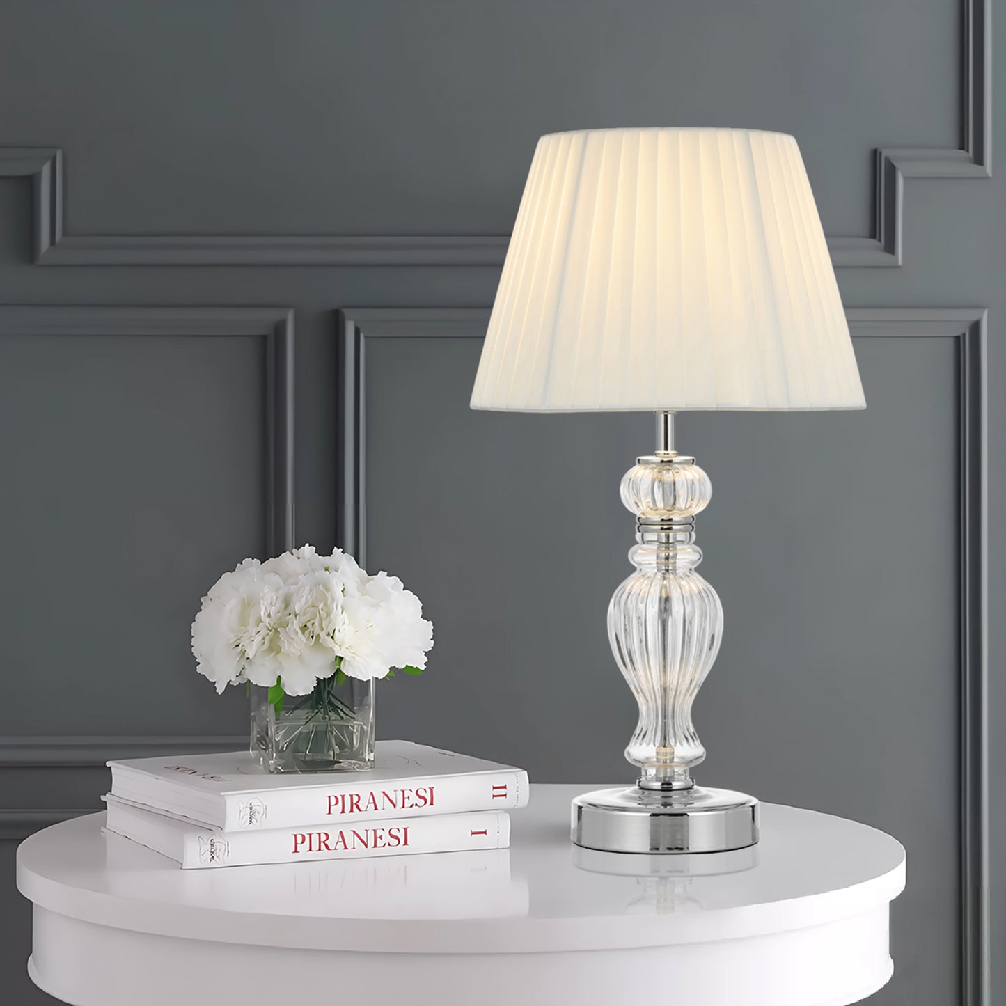 TFS TABLE LAMP 25wE27max D250 H440 INLINE SWT CHROME/ CLEAR/ WHITE