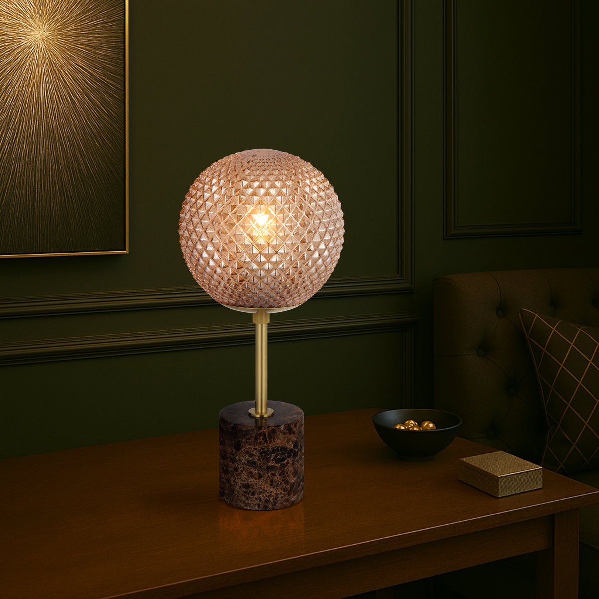 TFS TABLE LAMP 25wE27max D:190 H:415 inline swtch CHOC MARBLE/AMBER GLASS