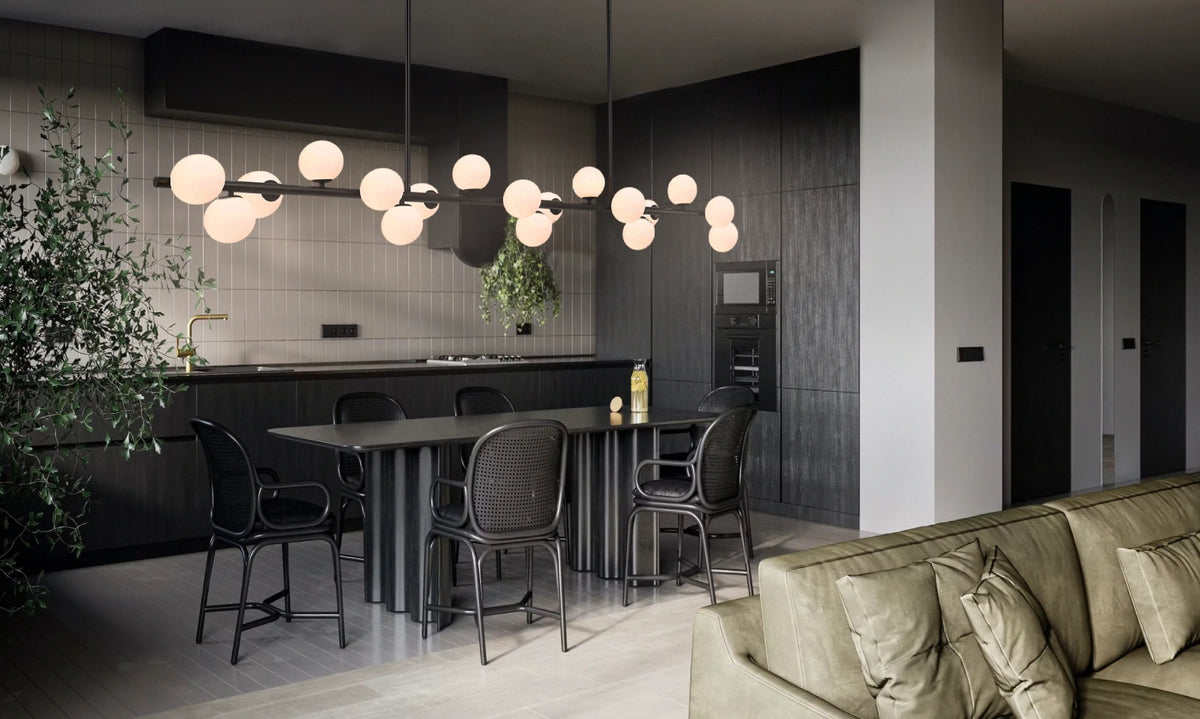 TFS 18 LTS PENDANT 18x6wG9mx L2000 W243 H245 ROD:2x6001x300 BLACK FRAME/OPAL GLASS