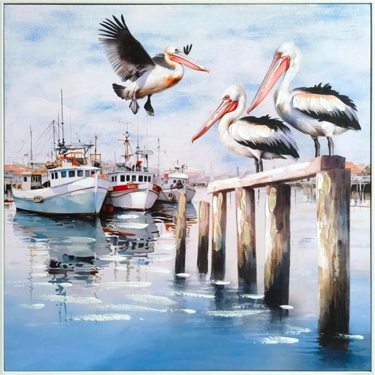 Pelicans and Boats Hand Painting Picture w. White PS Frame