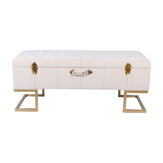 KD Storage Ottoman in Velvet Cream in gold iron base