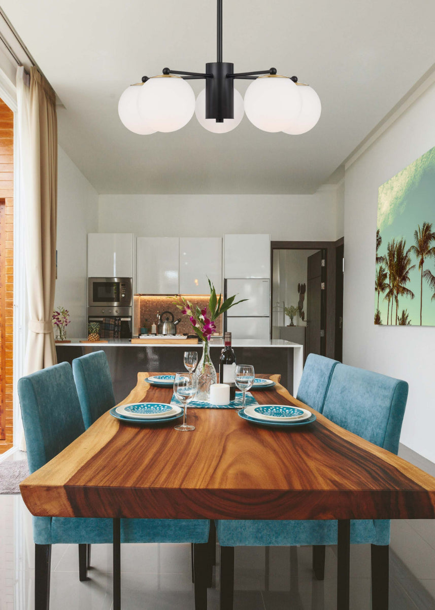 TFS 5LT PENDANT 5x25wE27 D:600 H:185 BLACK&OPAL GLASS ROD:2*600+1*300