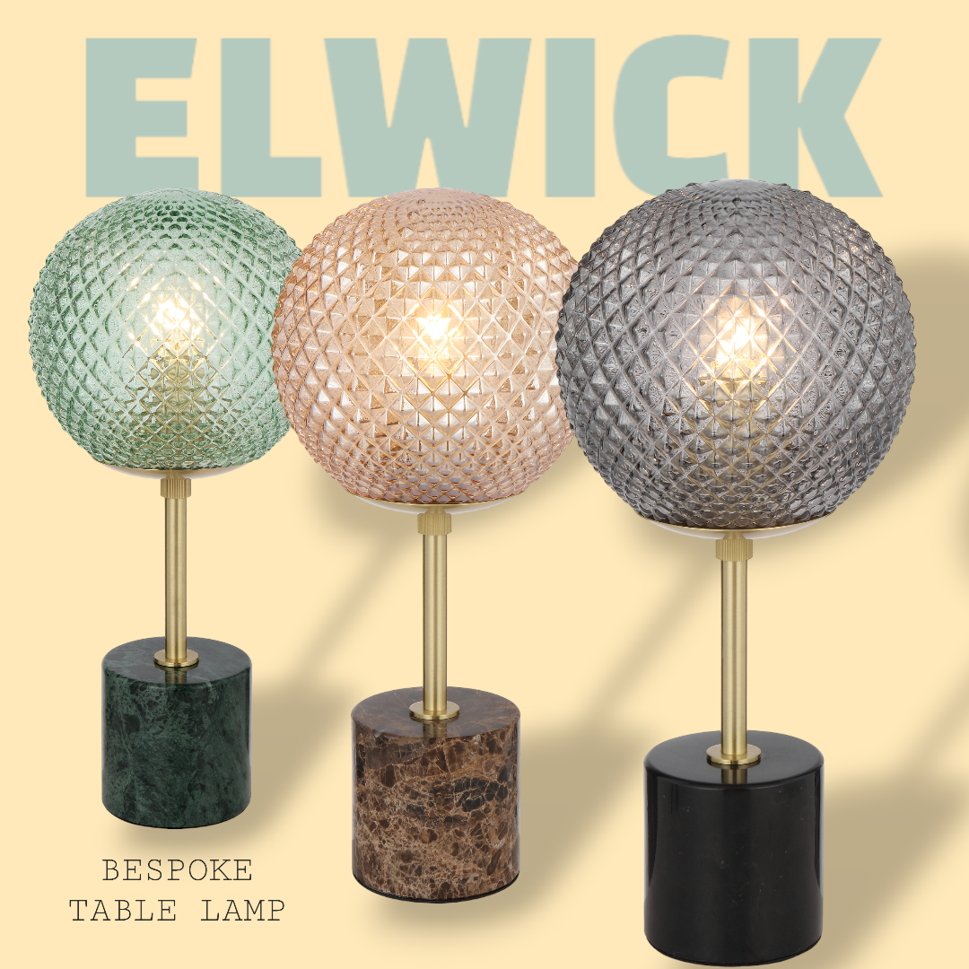 TFS TABLE LAMP 25wE27max D:190 H:415 inline swtch CHOC MARBLE/AMBER GLASS