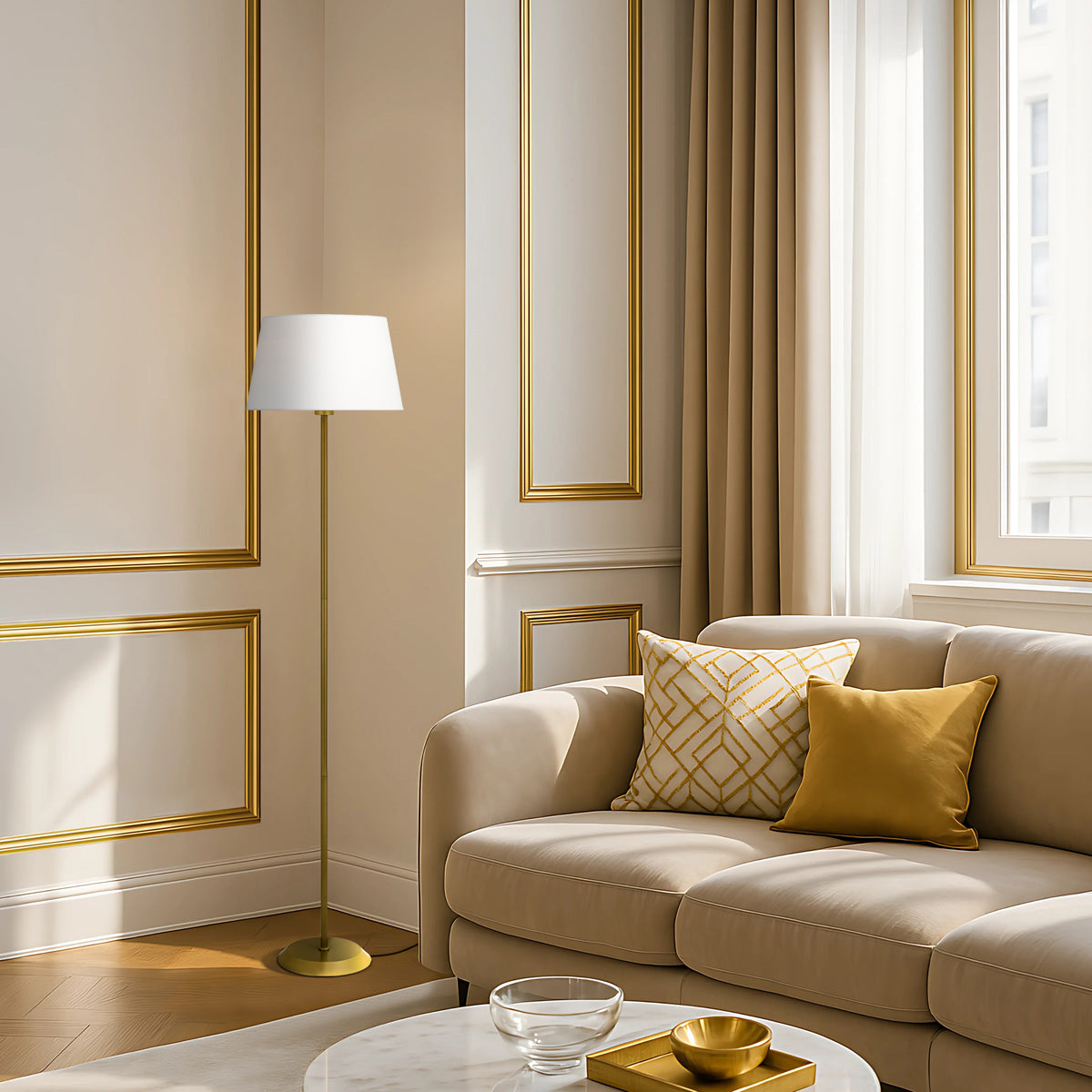TFS FLOOR LAMP 25wE27max H:1480 D:360 GOLD/IVORY Foot Switch