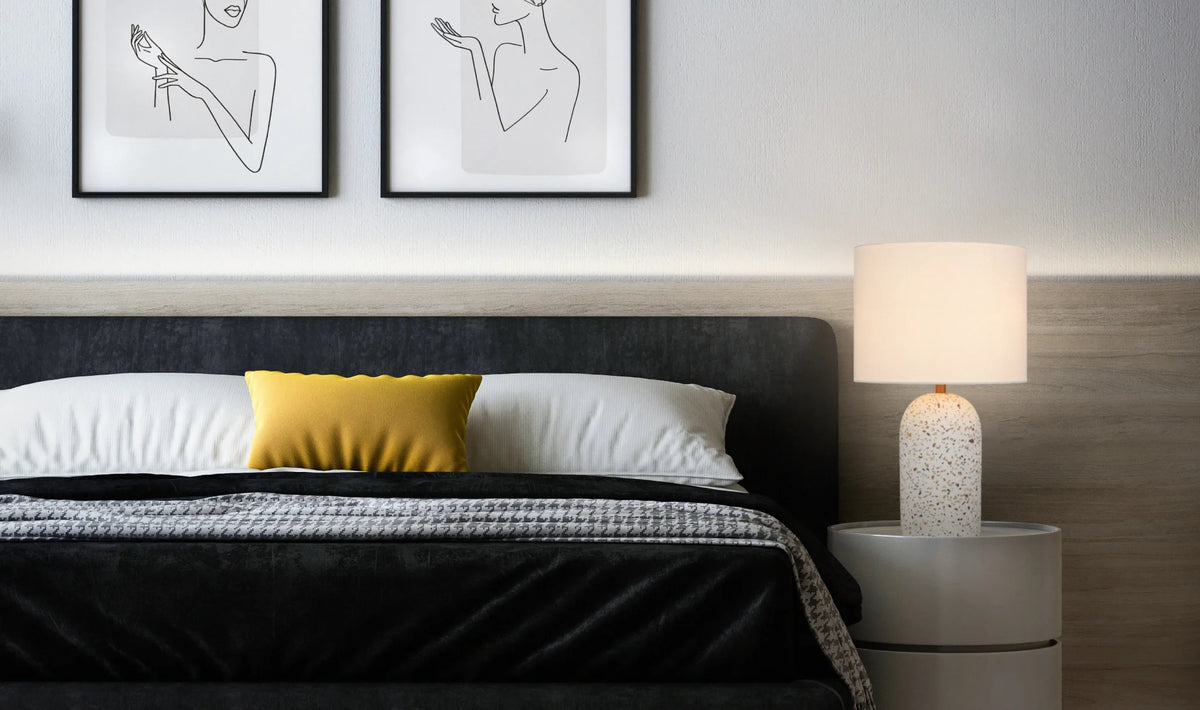 TFS MED TABLE LAMP 25wE27max D:300 H:500 inline Swtch WHITE TERRAZZO / IVORY LINEN