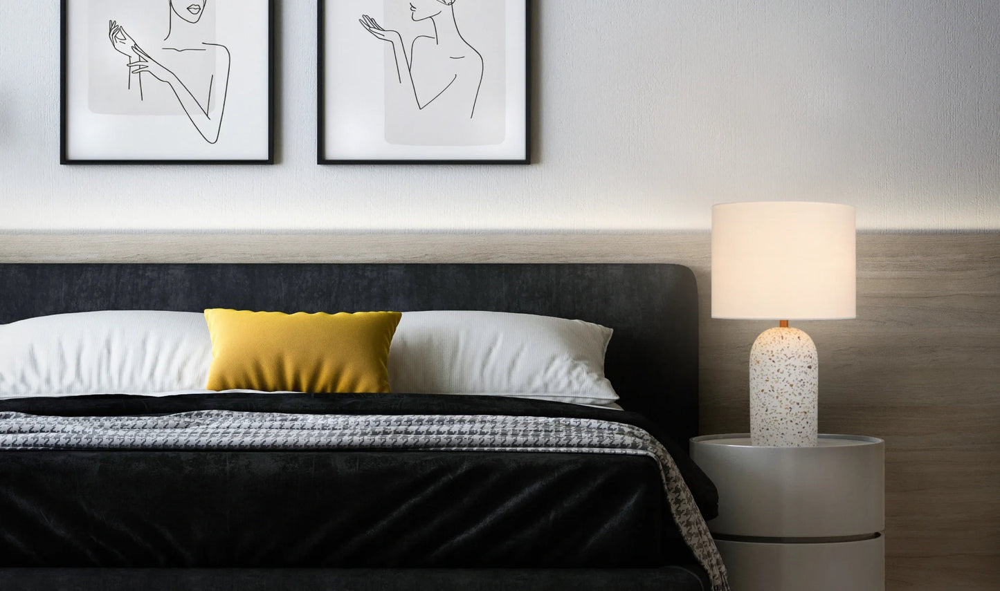TFS MED TABLE LAMP 25wE27max D:300 H:500 inline Swtch WHITE TERRAZZO / IVORY LINEN