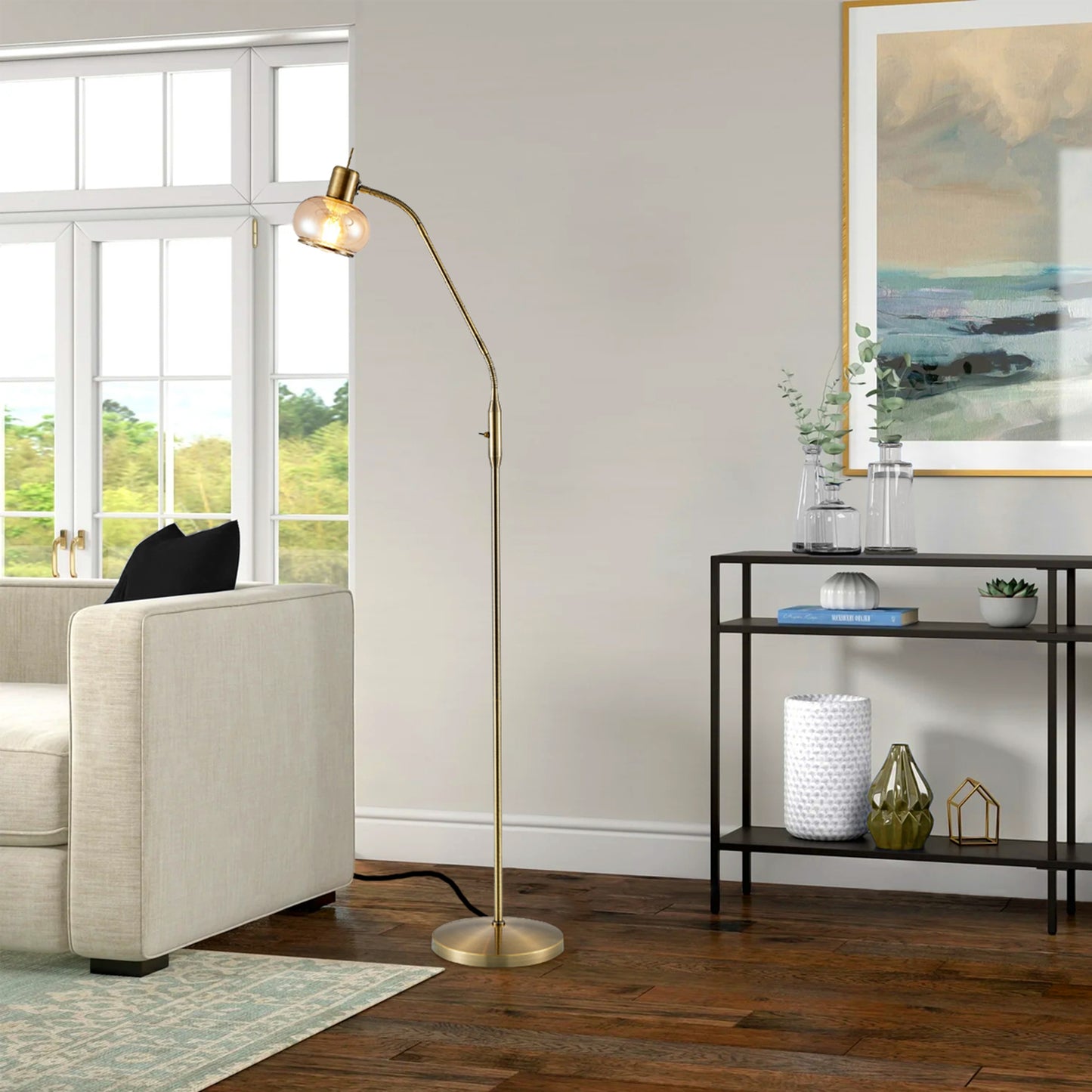 TFS FLOOR LAMP 25wE27max L:560 W:250 H:1350 TOGGLE SWT ANTIQUE BRASS/ AMBER GLASS