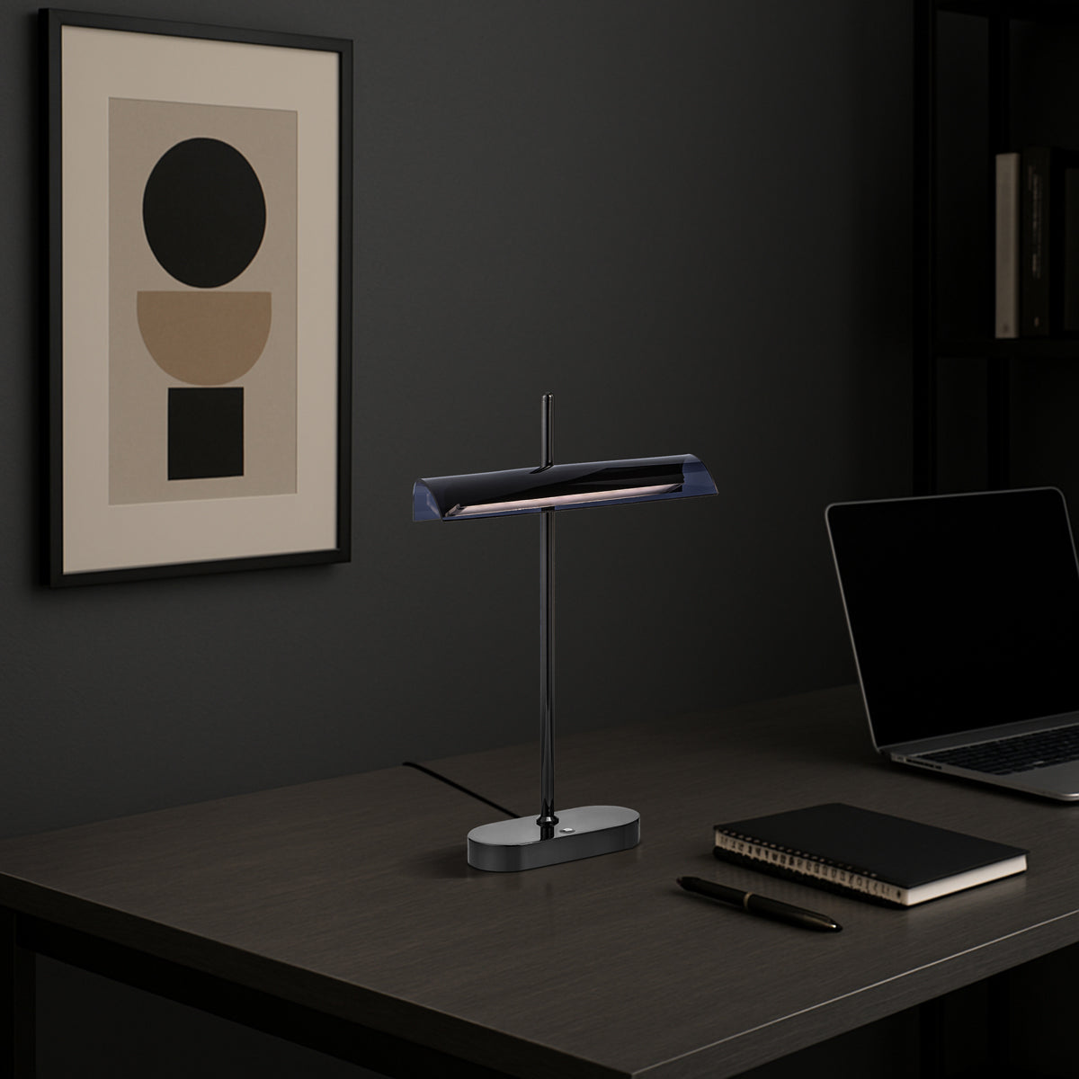TFS TABLE LAMP 8wLED L250 H80 H400 3000K 3STEPTOUCH SWTCH DIM GUN METAL / SMOKE