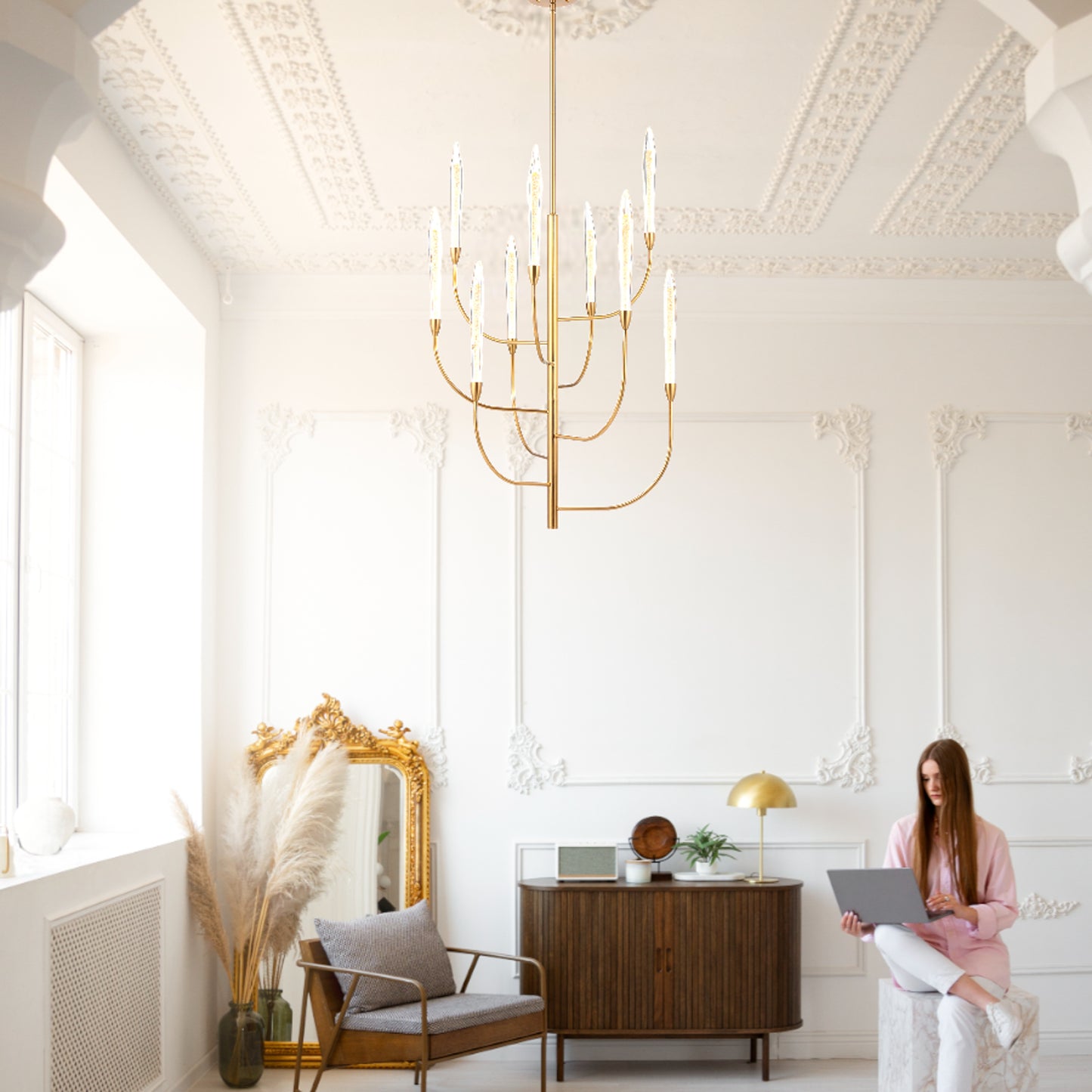TFS 9 LTS LED PENDANT 9*3wLED 3000K D:500 H:1030 ROD NON-DIM ANT GOLD / CRYSTAL