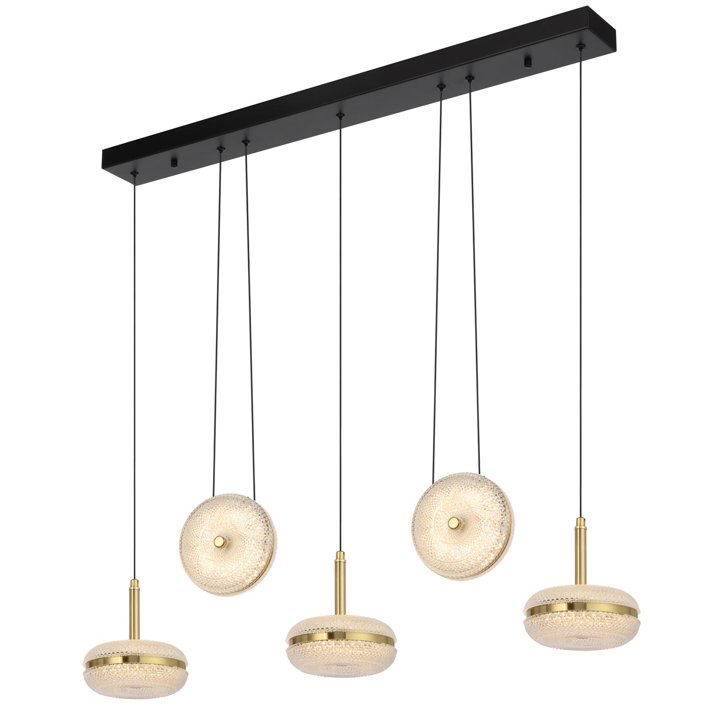 TFS 5LT BAR PENDANT 5x10wLED L980 W150 H70 3000k non-DIM CAB2M D150*70 ANT GOLD/CLEAR