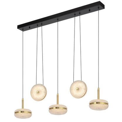 TFS 5LT BAR PENDANT 5x10wLED L980 W150 H70 3000k non-DIM CAB2M D150*70 ANT GOLD/CLEAR