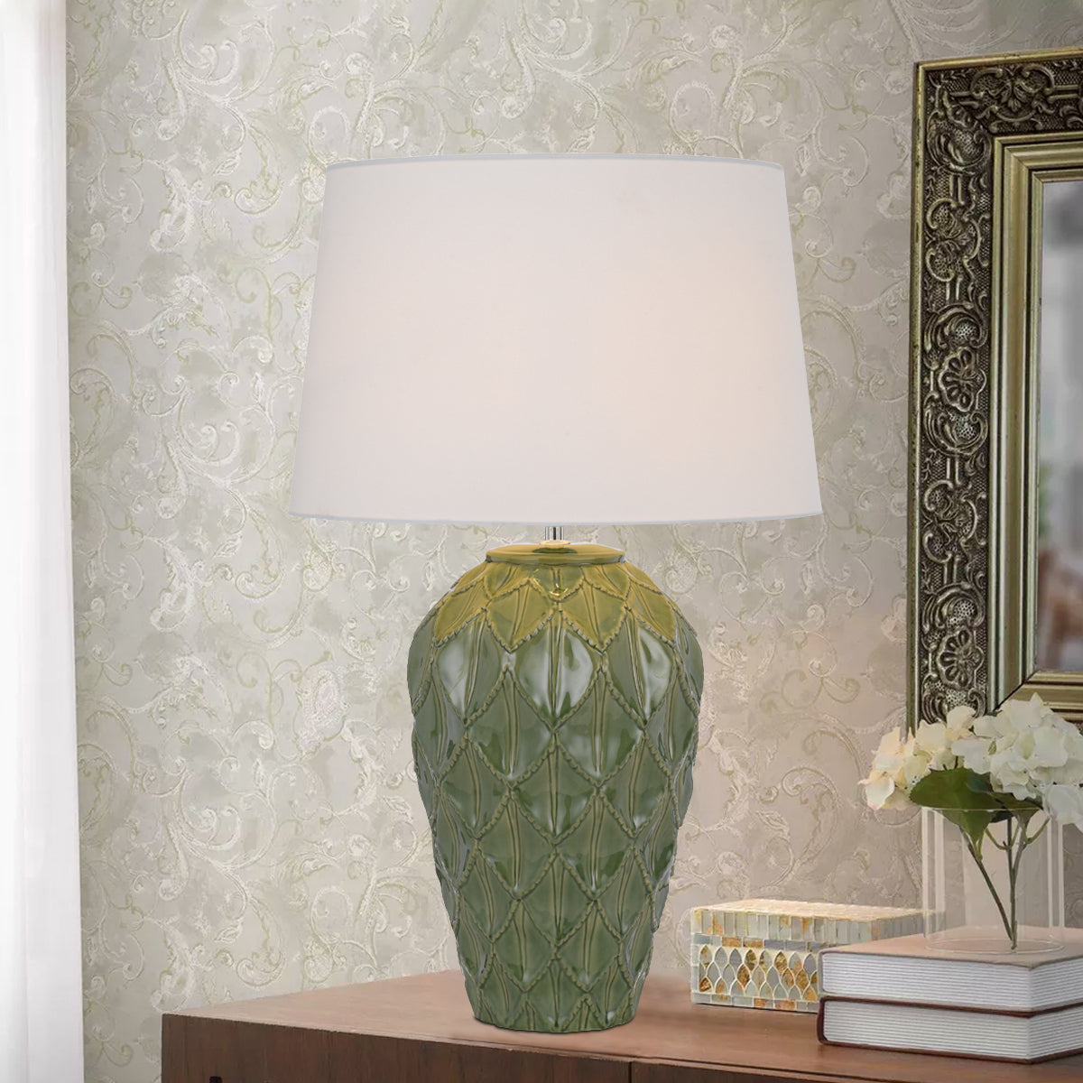 TFS CERAMIC TABLE LAMP 25wE27max D:400 H:640 GREEN / WHITE