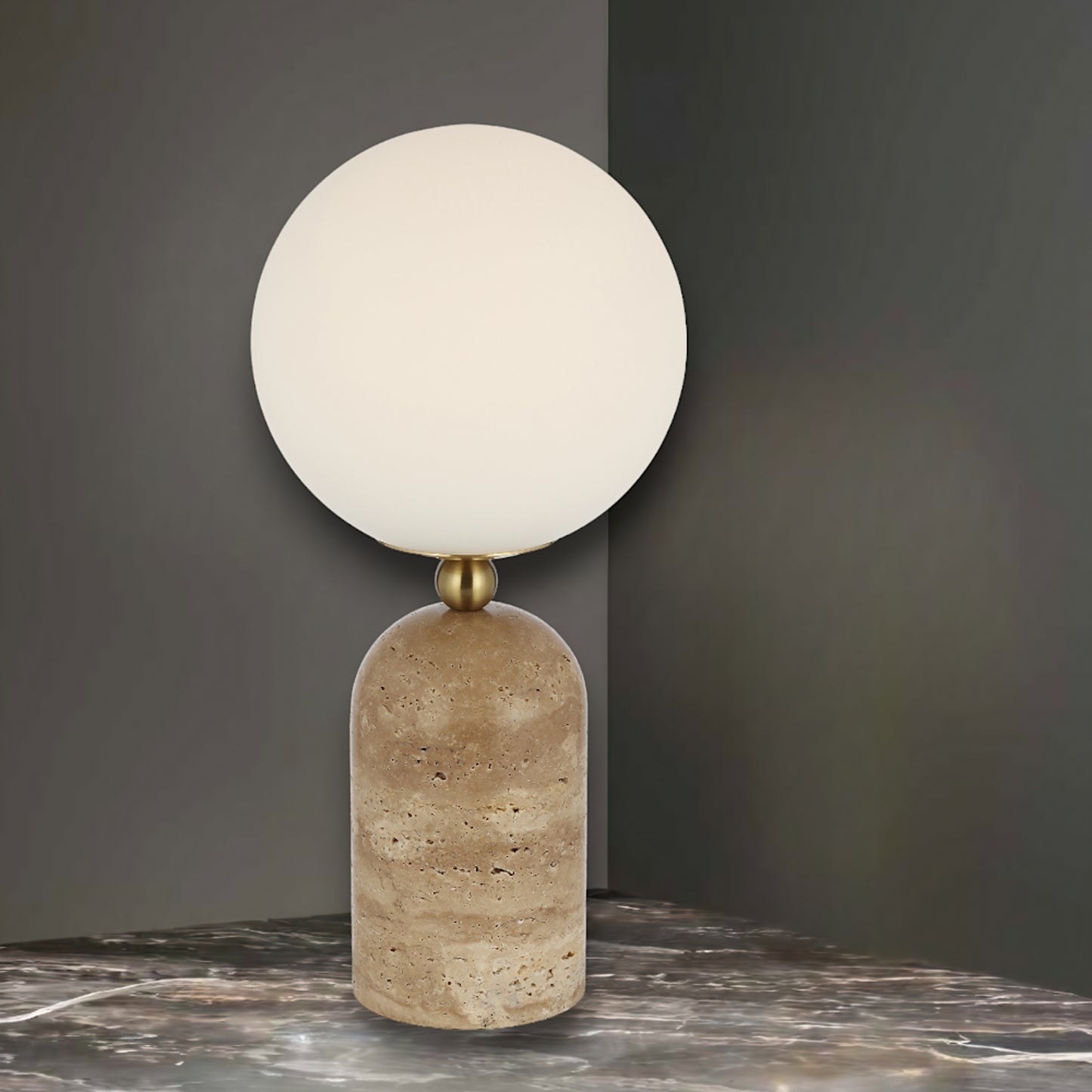 TFS TABLE LAMP 25wE27max D:200 H:420 INLINE SWT BEIGE TRAVERTINE/ANT GOLD/OPAL MATT