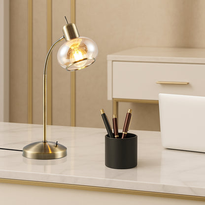 TFS TABLE LAMP 25wE27max L:270 W:160 H:470 TOGGLE SWT ANTIQUE BRASS / AMBER GLASS