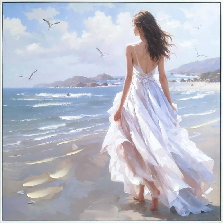 Lady on the Beach Hand Painting Picture White PS Frame