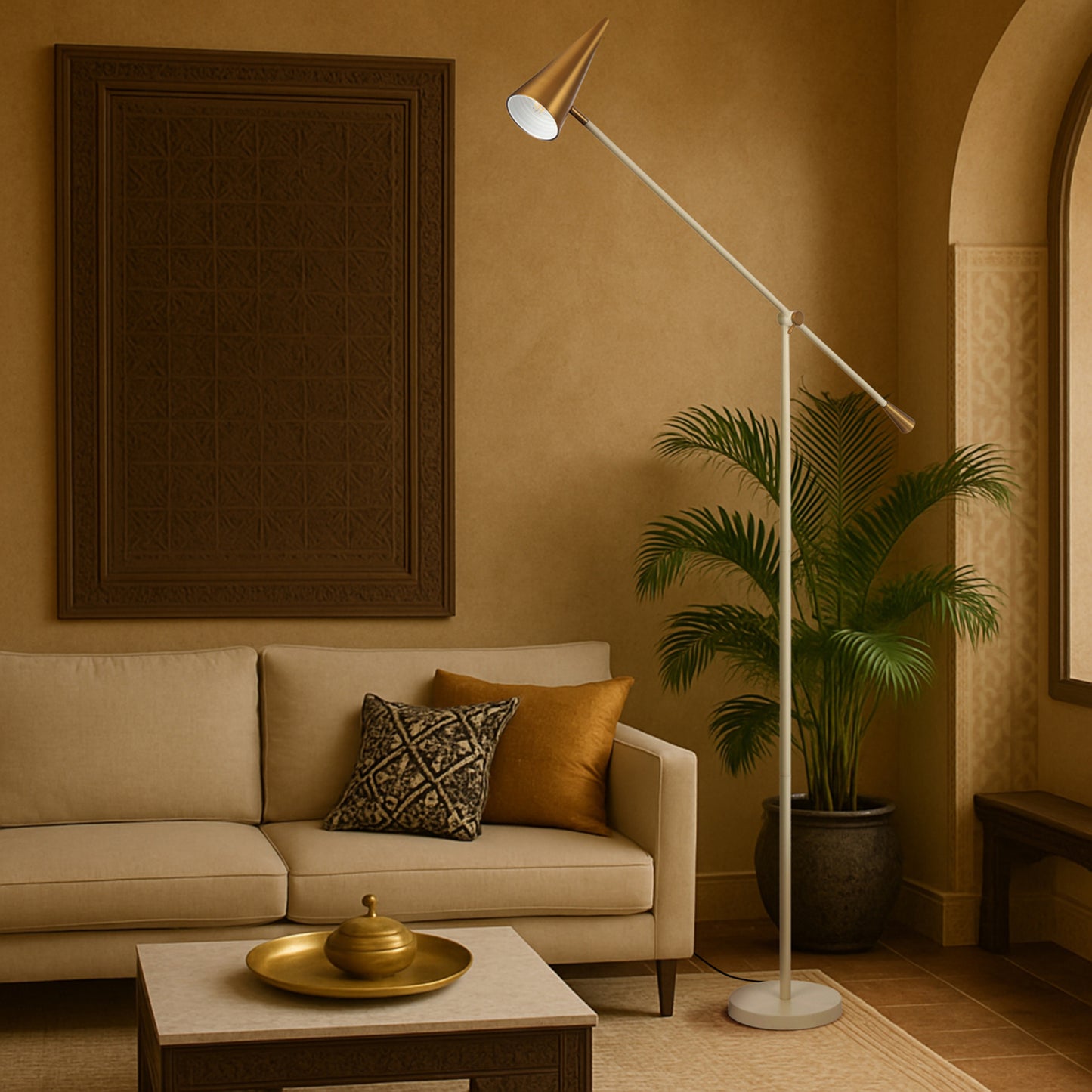 TFS FLOOR LAMP 25wE27max L1000 W250 H2350 FOOT SWT BEIGE / BRASS