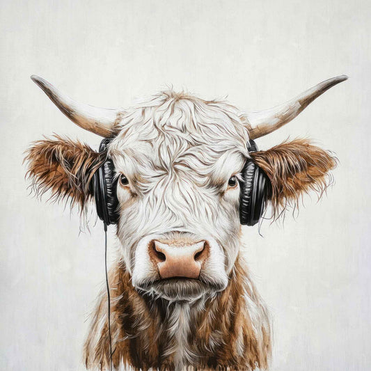 Highland Cattle with headphone Canvas Print