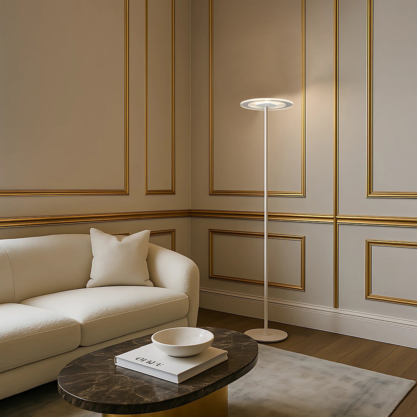 TFS LED FLOOR LAMP 12wLED 3CCT DIM 1800LM H1550 D350 footswth WHITE SAND