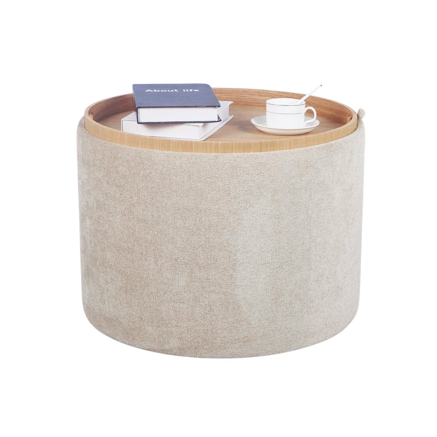 Beige Chenille Storage Ottoman with Tray
