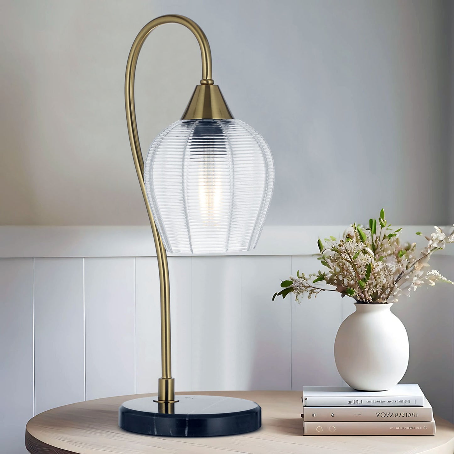 TFS TABLE LAMP 25wE27max L210 W160 H450 line swt BLK MARBLE/ANT GOLD/CLEAR