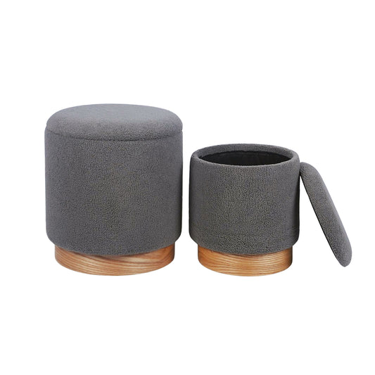 Grey Sherpa Fur Wood Base Storage Ottoman