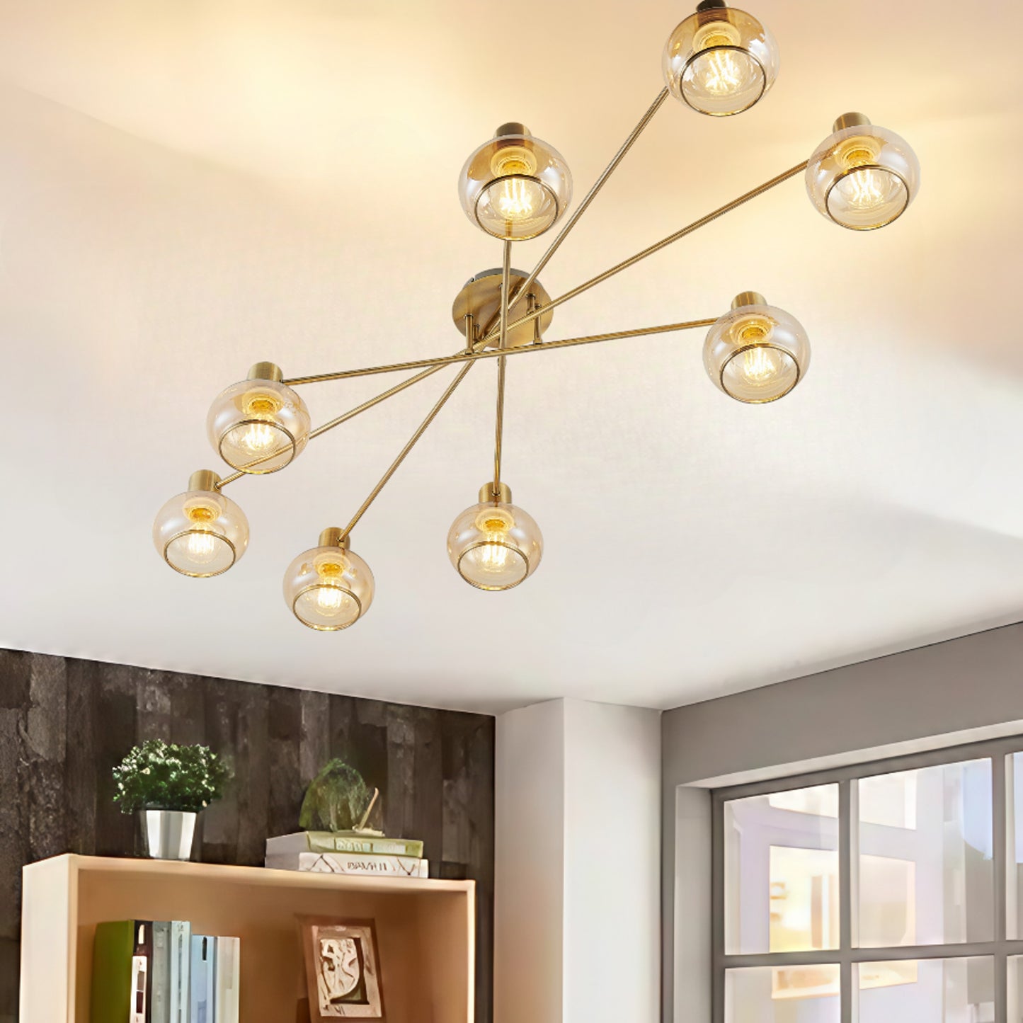 TFS 8 LT CTC 8x25wE27max L:1200 W:540 H:210 ANTIQUE BRASS/ AMBER GLASS