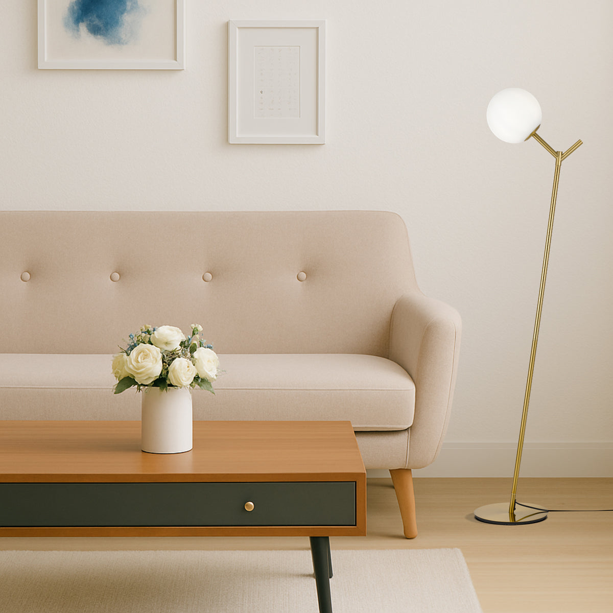 TFS FLOOR LAMP 25wE27max D:200 H:1510 BASE PLATE:280 Foot Switch A.GOLD/OPAL MATT