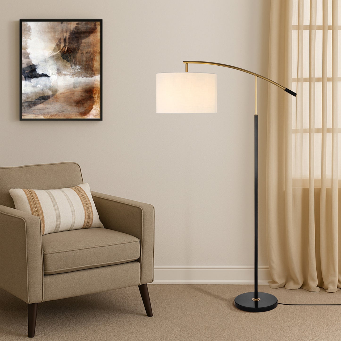 TFS FLOOR LAMP 25wE27max L940 W400 H1650 2.0m foot swt BLACK MARBLE/GOLD/IVORY SHADE