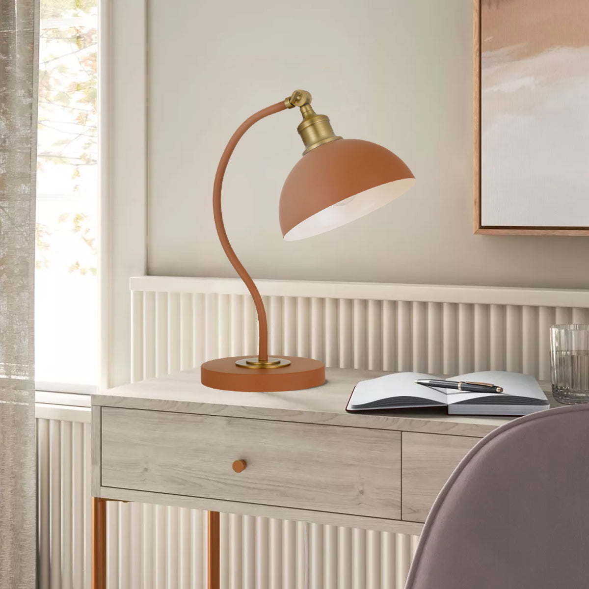 TFS TABLE LAMP 25wE27max L:285 W:200x H:415 SHADE D:200 H:190 ORANGE SATIN/ BRASS