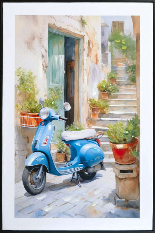 Doorfront Vintage Blue Vespa Canvas with Black Frame