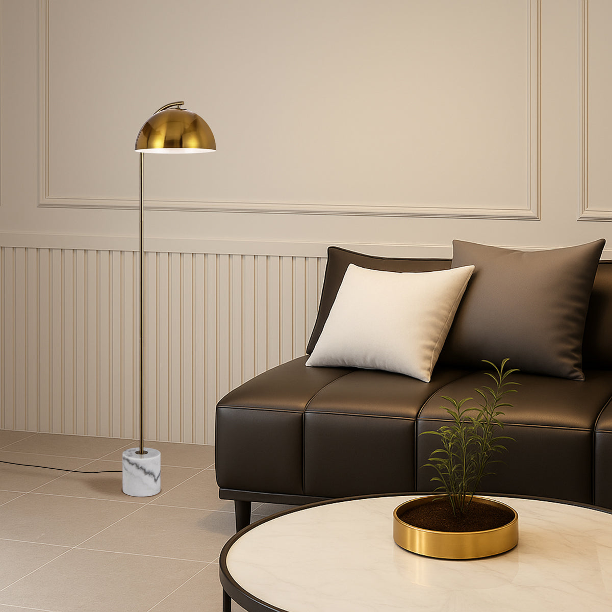 TFS FLOOR LAMP 25wE27max L:400 W:150 H:1500 cable2.0 foot swt WHITE MARBLE/ANT GOLD