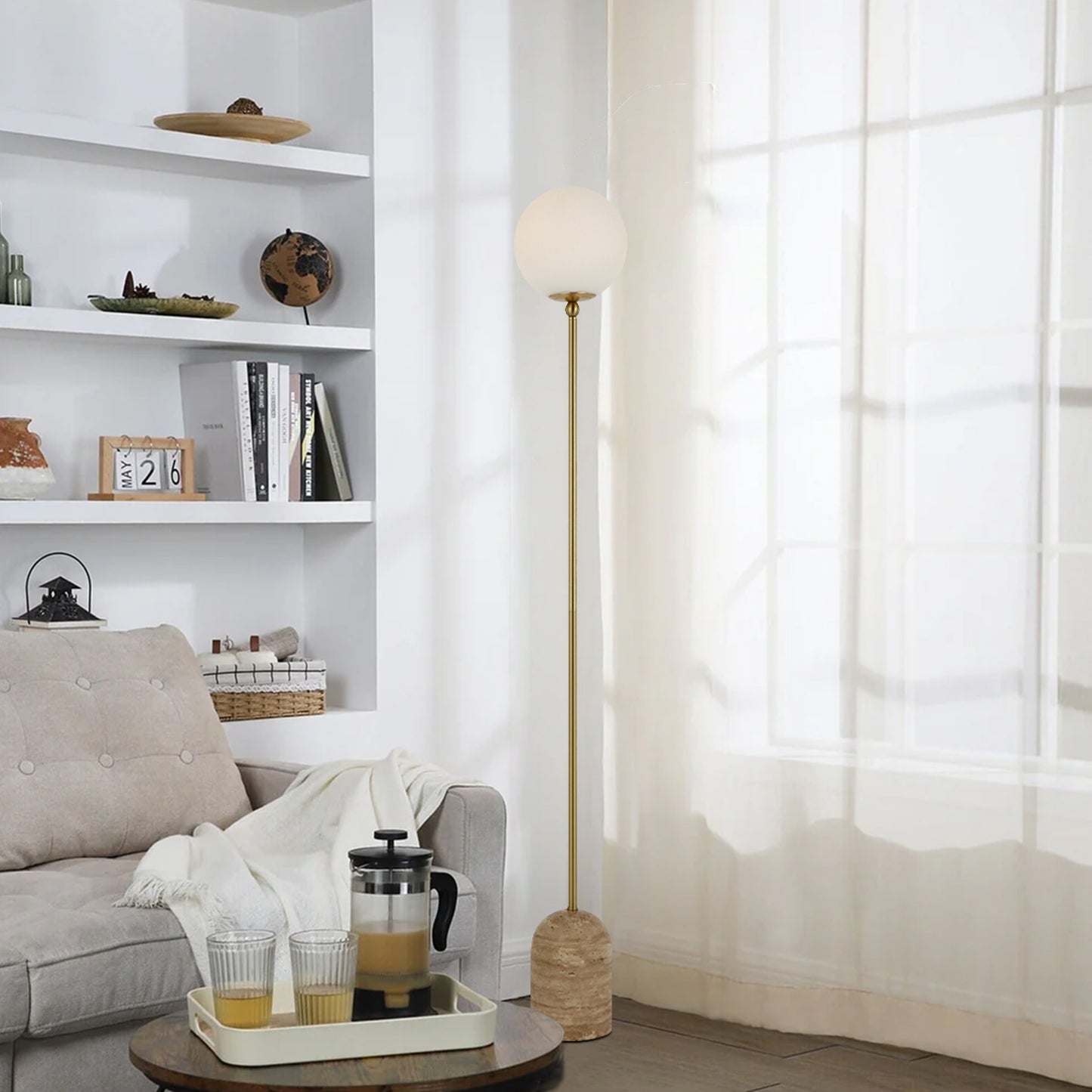 TFS FLOOR LAMP 25wE27max D:200 H1500 INLINE SWT BEIGE TRAVERTINE/ANT GOLD/OPAL MATT