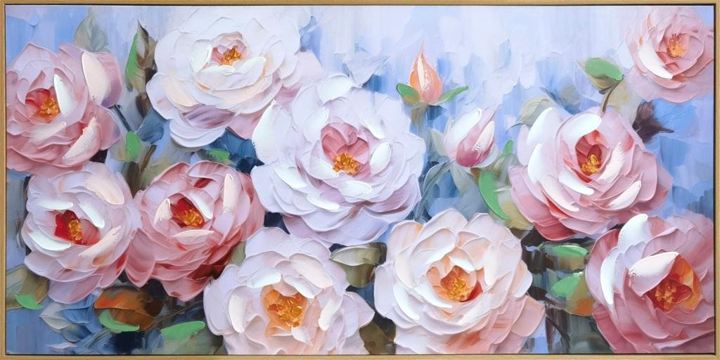 Floral Garden Hand Painting Picture w. Natural wood colour PS Frame