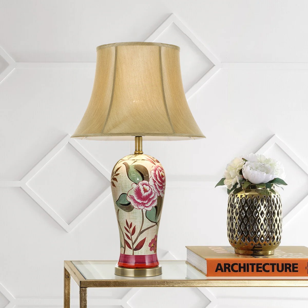 TFS CERAMIC TABLE LAMP 25wE27max D:400 H:670 FLOWER / GOLD