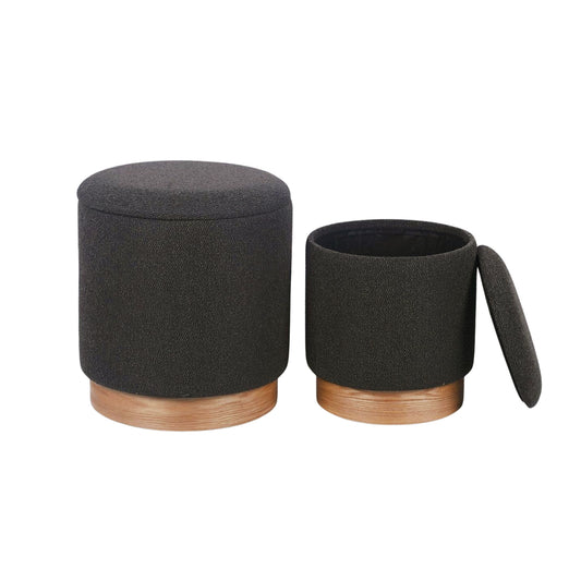 Dark Grey Boucle Wood Base Storage Ottoman