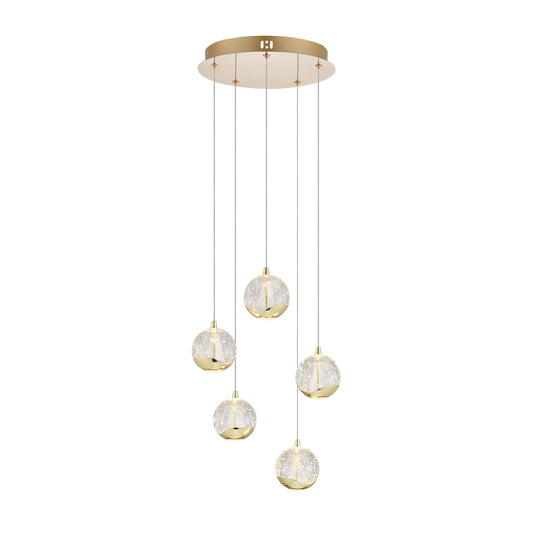 TFS 5 LTS PENDANT 5x5wLED 3000K D:300 1540Lm CAB.3m ( D:90 H:85) GOLD/BUBBLE GLASS