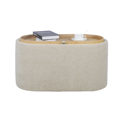 Beige Chenille Storage Ottoman with Tray