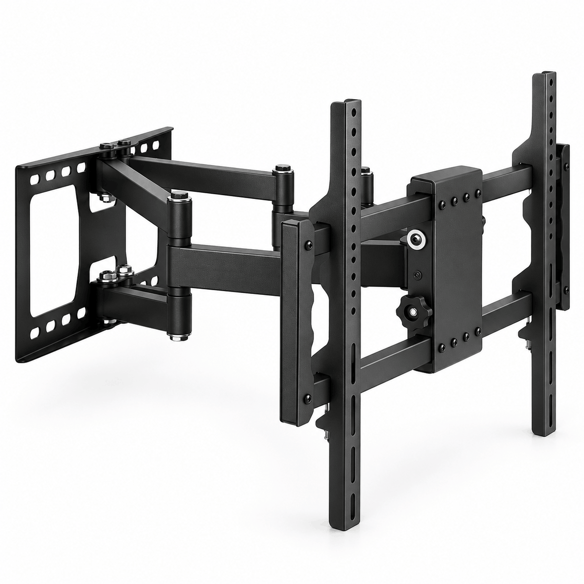 Black full motion TV wall mount bracket with dual pivoting arms, a wall plate and vertical TV brackets on a white background