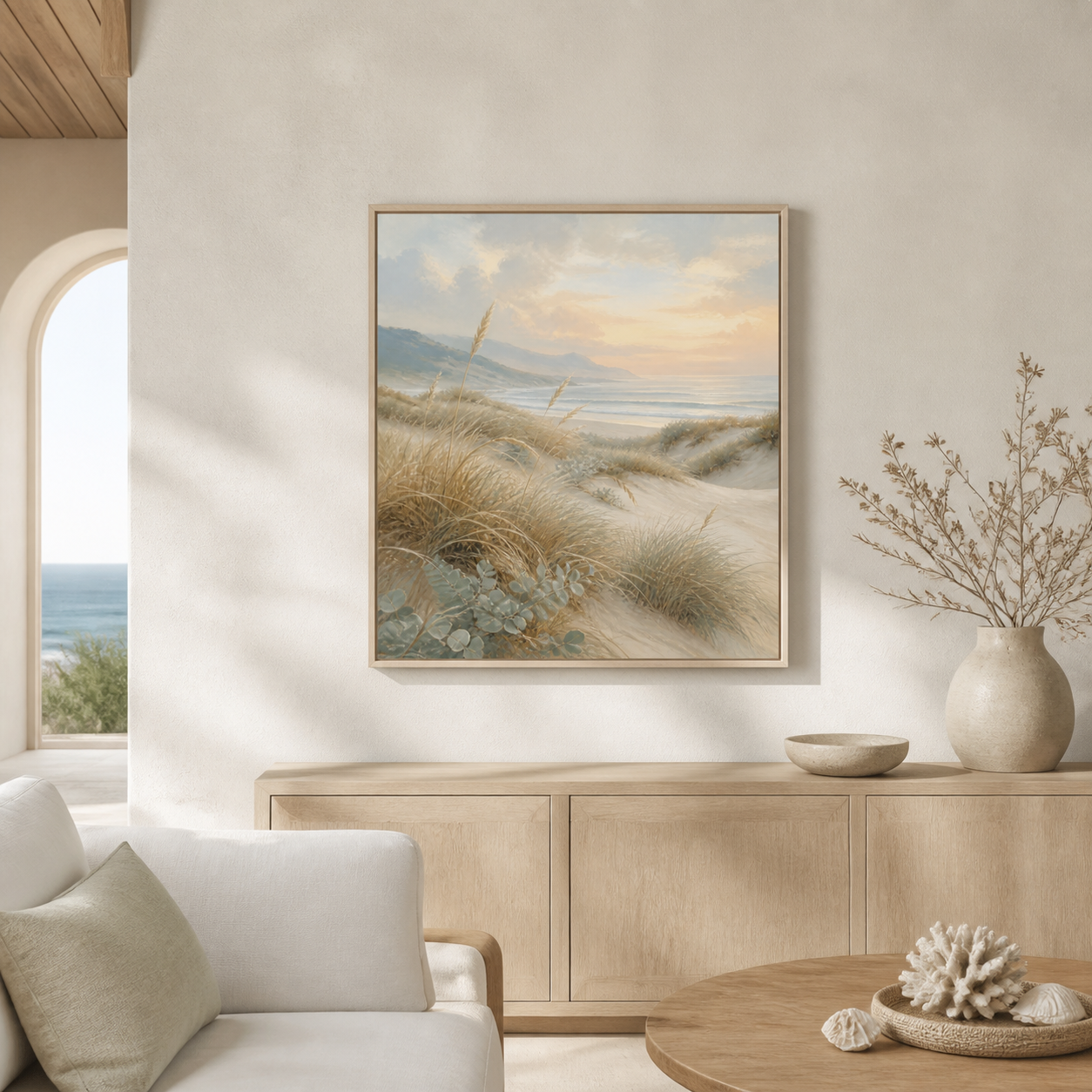 Dune Grass Morning birch floating frame canvas in a coastal interior